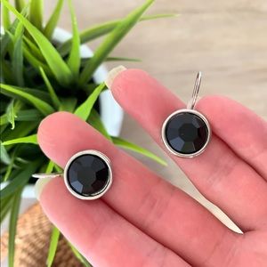 Modern Silver & Black Gemstone Circular Earrings